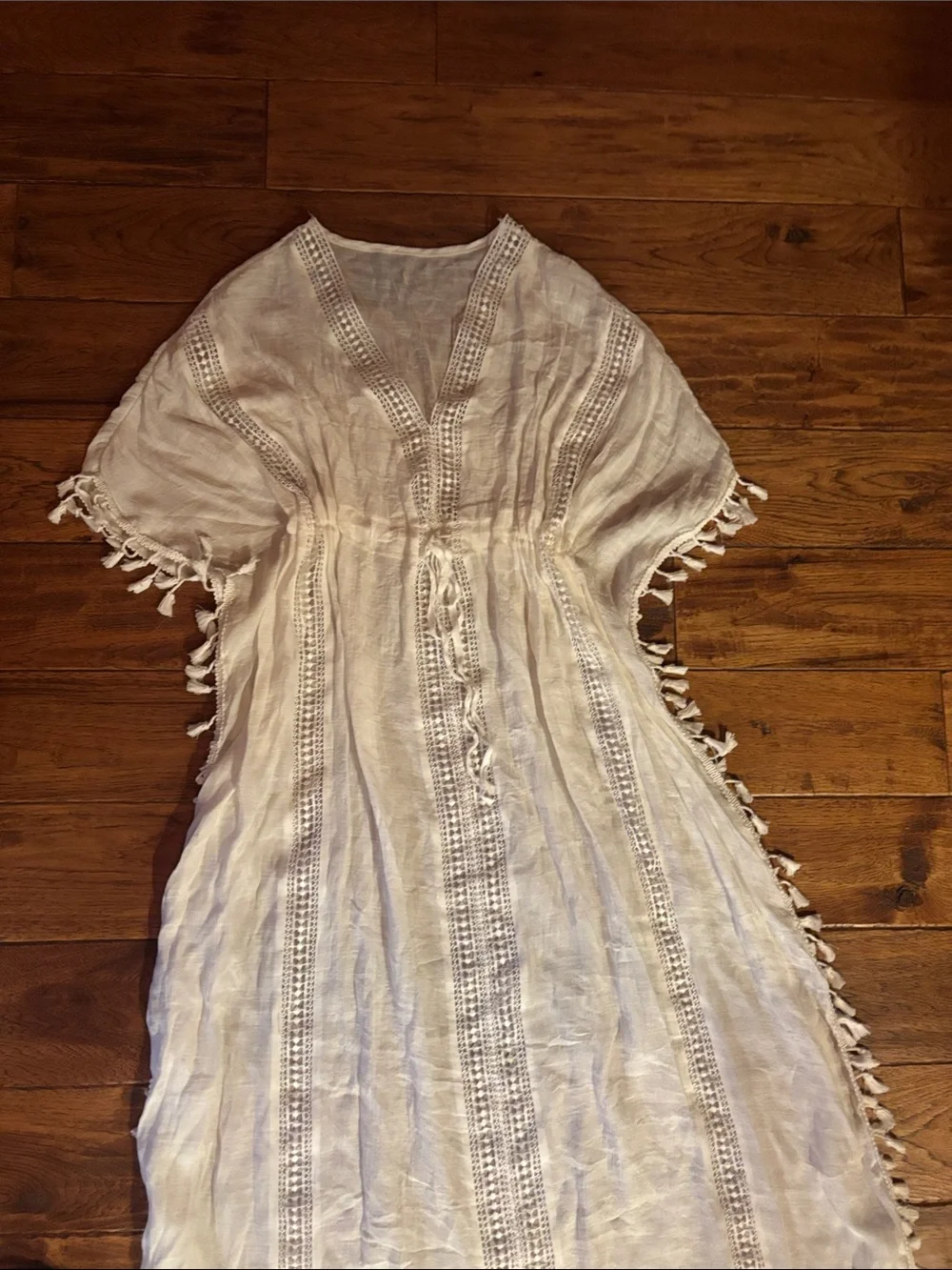 Women's White Embroidered Tassel Maxi Dress